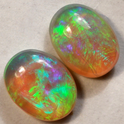 SOLID CRYSTAL OPALS Matching pair, 3D pattern. Bright green fire sparkles